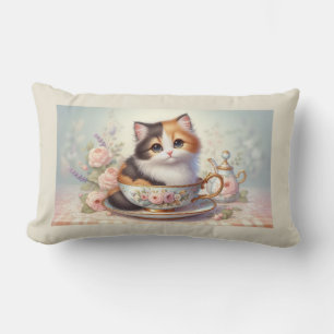 Coussin Rectangle Chaton dans une Tasse à Thé Fête de Thé Florale Vi