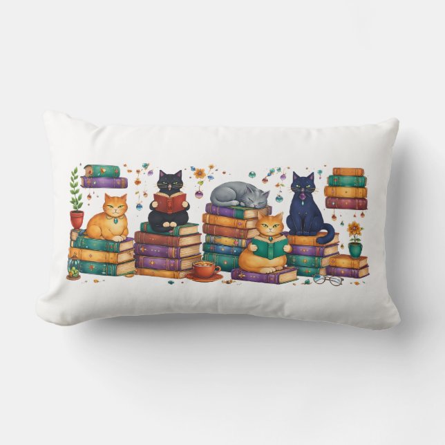 Coussin Rectangle Chats lisant des livres Scène de bibliothèque cosy (Recto)