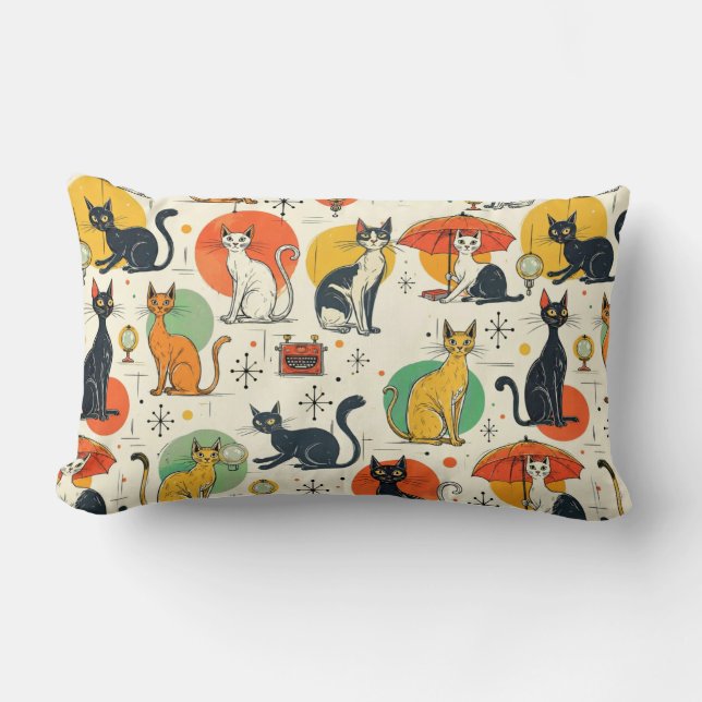 Coussin Rectangle Chats Rétro de l'Ère Atomique du Milieu du Siècle (Recto)