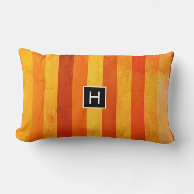 Coussin Rectangle Chaud Patiné Orange Rouge rayures Monogramme (Recto)