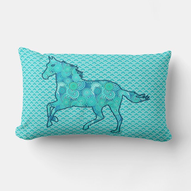 Coussin Rectangle Cheval de course Silhouette, Turquoise et Aqua (Recto)