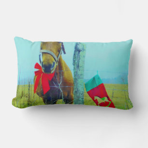Coussin Rectangle Cheval de Noël rétro avec Stocker et Arc rouge