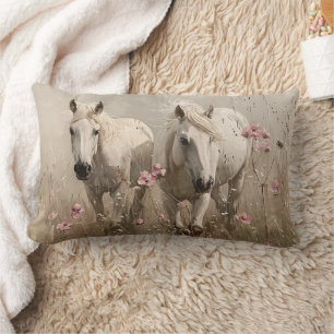Coussin Rectangle Chevaux gris Fleurs roses Peinture à l'huile