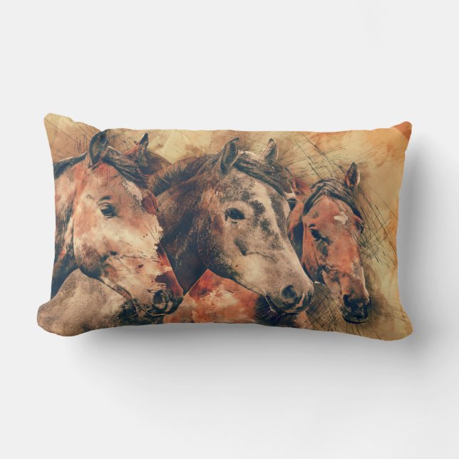 Coussin Rectangle Chevaux Peinture d'aquarelle artistique (Recto)