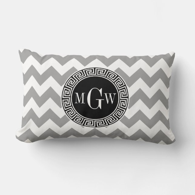 Coussin Rectangle Chevron Gris Blanc Clé Grecque Noire 3 Monogramme (Recto)