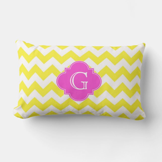Coussin Rectangle Chevron jaune blanc Quatrefeuille rose chaud Monog (Recto)