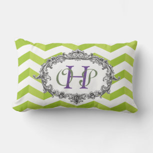 Coussin Rectangle Chevrons verts et blancs et cadre ovale avec monog