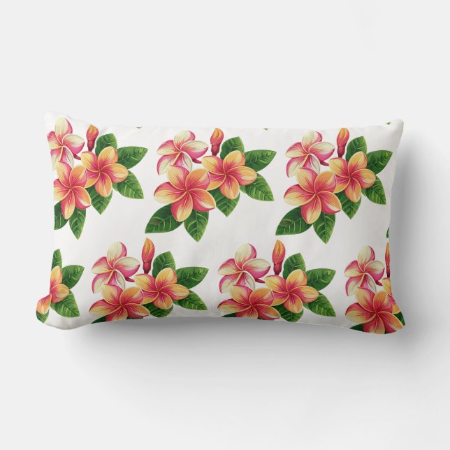 Coussin Rectangle Chic Boho Fleurs Tropicales Roses sur Fond Blanc (Recto)