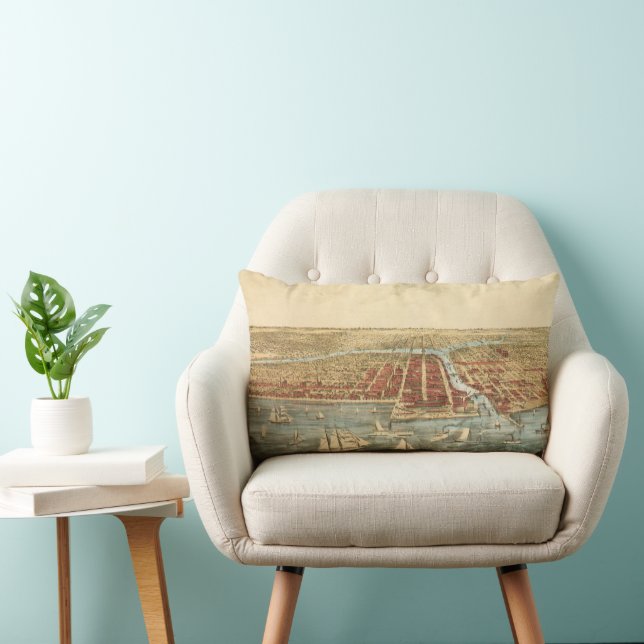 Coussin Rectangle Chicago Antique Map, LaSalle Street et River (Chaise)