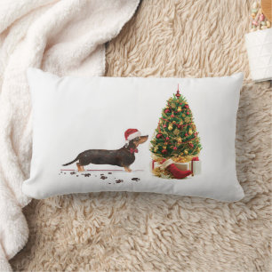 Coussin Rectangle Chien de Noël noir et Tan Dachshund drôle