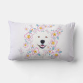 Coussin Rectangle Chien Samoyed et fleurs roses, nom customisé (Verso)