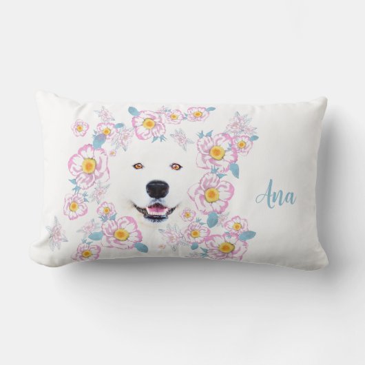 Coussin Rectangle Chien Samoyed et fleurs roses, nom customisé (Recto)