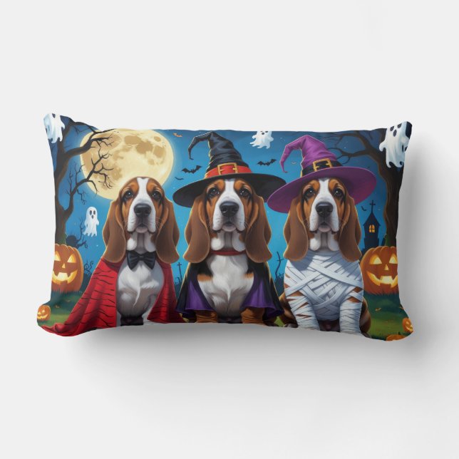 Coussin Rectangle Chiens Basset Hound Citrouille Halloween Drôle (Recto)