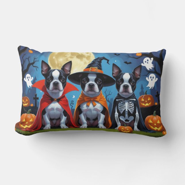 Coussin Rectangle Chiens de Boston Terrier Citrouille Halloween Funn (Recto)