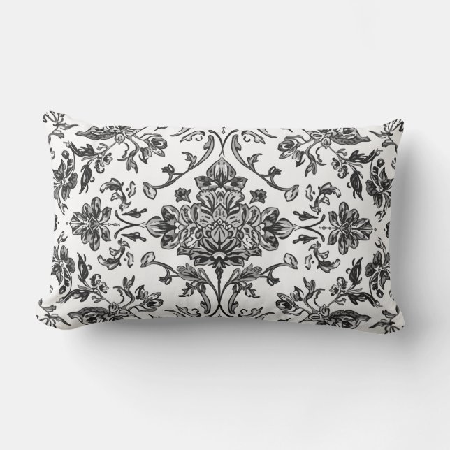 Coussin Rectangle Chinoiserie Florale Noir & Blanc Aquarelle (Recto)