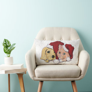 Coussin Rectangle Chiot Labrador de Noël mignon et chat tigré orange