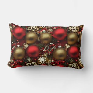 Coussin Rectangle Chocolat Brown et ornements de Noël rouge rubis