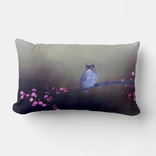 Coussin Rectangle Chouette à cornes et fleurs de prune, Kobayashi Ko (Recto)