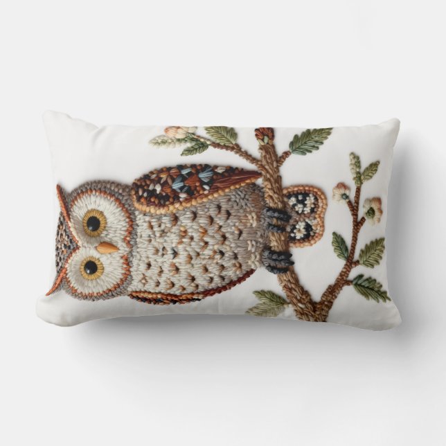 Coussin Rectangle Chouette brodée sur branche décoration artistique  (Recto)