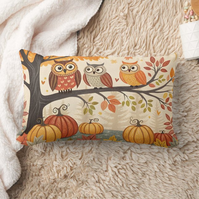 Coussin Rectangle Chouettes assises sur des branches d'arbres avec c (Créateur téléchargé)