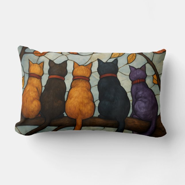 Coussin Rectangle Cinq chats sur une branche d'arbre de style vitrai (Recto)