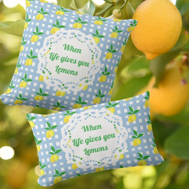 Coussin Rectangle Citrons jaunes customisés Blanc Bleu Chèque (Personalize with your own message!)