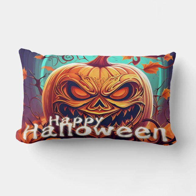 Coussin Rectangle Citrouille orange effrayant avec visage, Halloween (Recto)