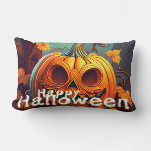 Coussin Rectangle Citrouille orange effrayante avec visage, Hallowee