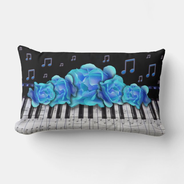 Coussin Rectangle Clavier de piano bleu et notes (Recto)