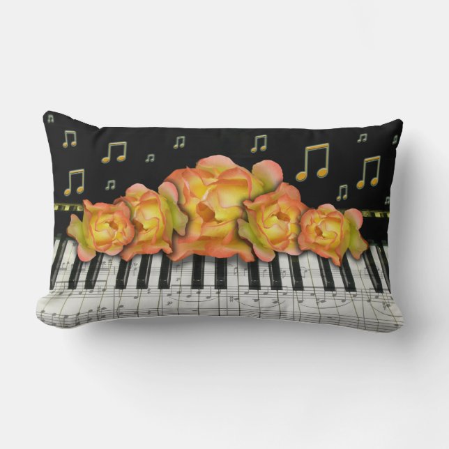 Coussin Rectangle Clavier de piano et notes de Roses Dorées (Recto)