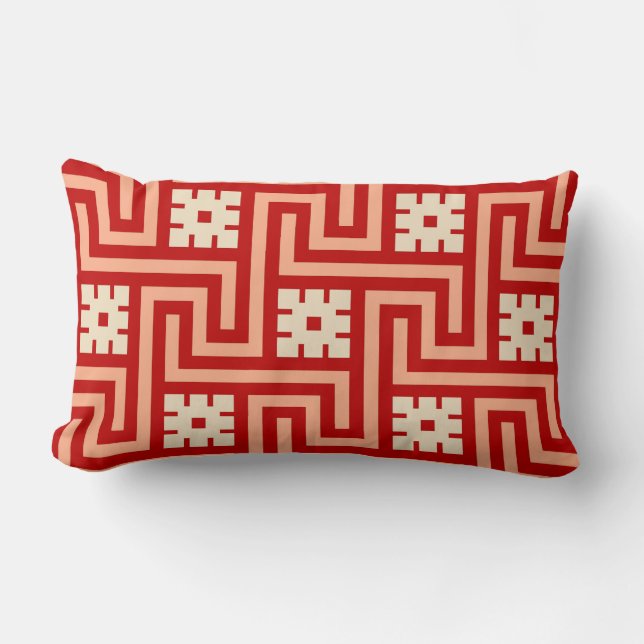 Coussin Rectangle Clé grecque Déco, corail orange et beige (Recto)