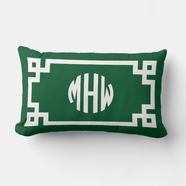 Coussin Rectangle Clé grecque en monogramme cercle blanc vert forêt  (Recto)