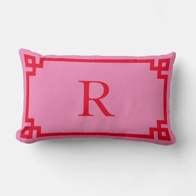 Coussin Rectangle Clé grecque rose et rouge Monogramme (Recto)