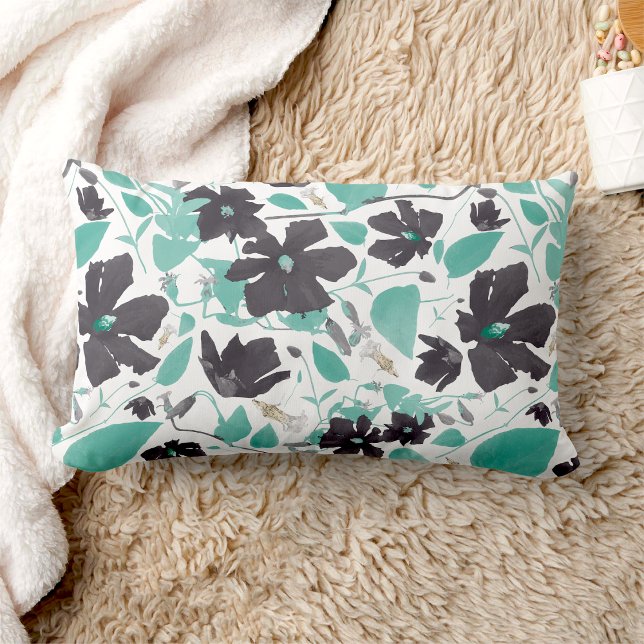 Coussin Rectangle Clematis Floral Gris Aquarelle Turquoise (Clematis Floral Gray Teal Watercolor Lumbar Pillow from Studio Posies.)