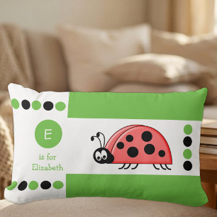 Coussin Rectangle Coccinelle verte et blanche monogramme pour enfant