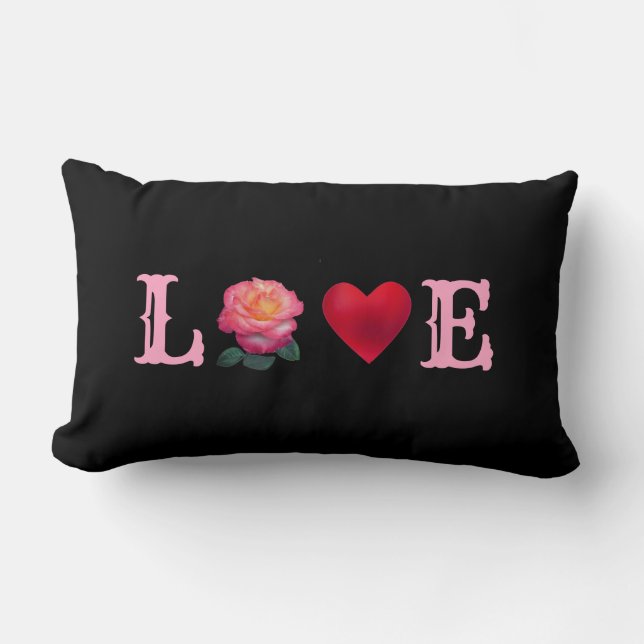 Coussin Rectangle Cœur d'amour et fleur de rose sur fond noir (Recto)