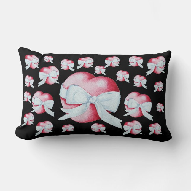 Coussin Rectangle coeur rouge attaché à l'arc en ruban blanc (Recto)
