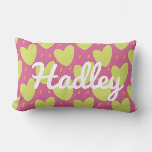 Coussin Rectangle Coeurs joueurs vibreux, rose et vert Nom (Recto)