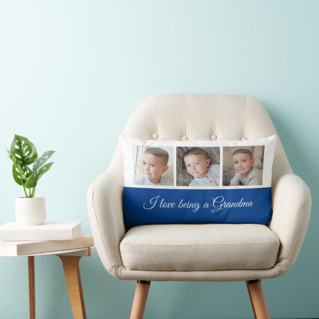 Coussin Rectangle Collage photo en bleu et blanc pour grand-mère (Chaise)