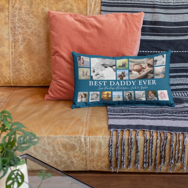 Coussin Rectangle Collage Photo Moderne 'Meilleur Papa du Monde' (Créateur téléchargé)