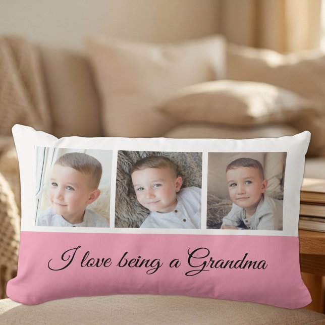 Coussin Rectangle Collage photo rose et blanc pour grand-mère (Créateur téléchargé)