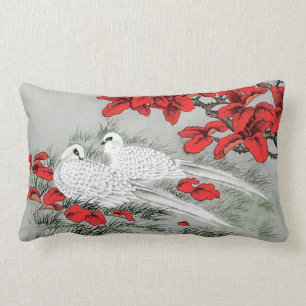 Coussin Rectangle Colombes blanches vintages et feuille rouge sur le