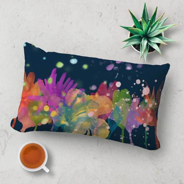 Coussin Rectangle Colorful Watercolor Flowers on Dark Blue (Créateur téléchargé)