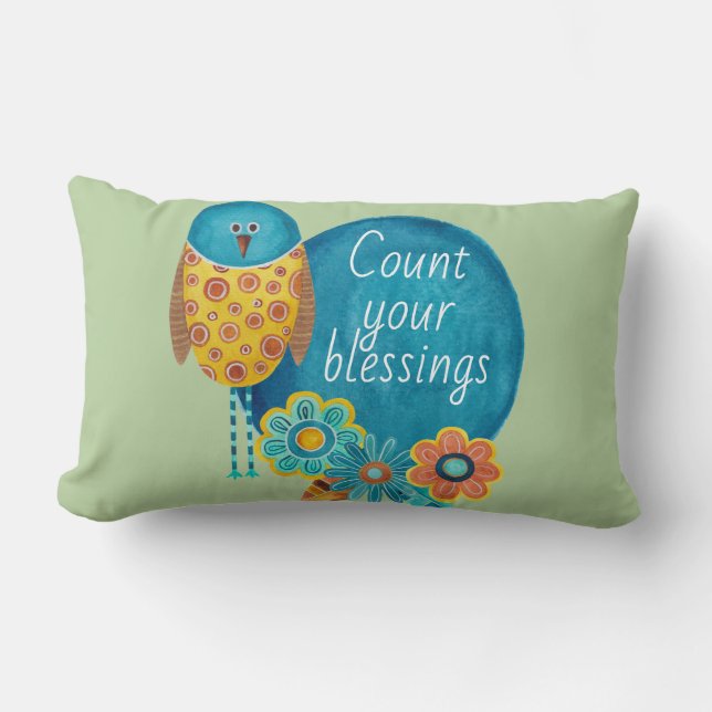 Coussin Rectangle Comptez Vos Bénédictions Oiseau Rétro et Fleurs (Recto)