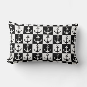 Coussin Rectangle Conception de motif d'ancre à carreaux noir et bla