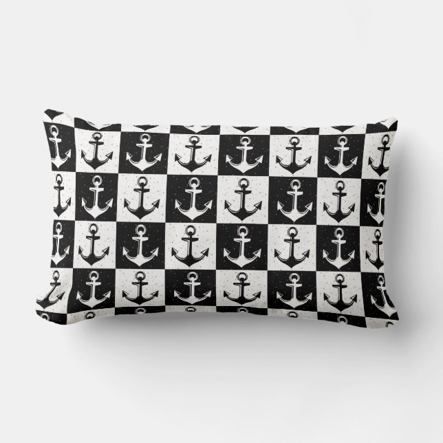 Coussin Rectangle Conception de motif d'ancre à carreaux noir et bla (Recto)