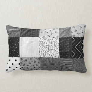 Coussin Rectangle Conception vintage de tissu à patchwork noir et b