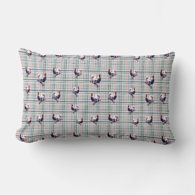 Coussin Rectangle Coq De Fluffy Sur Chèques Blanches Tartan, (Recto)