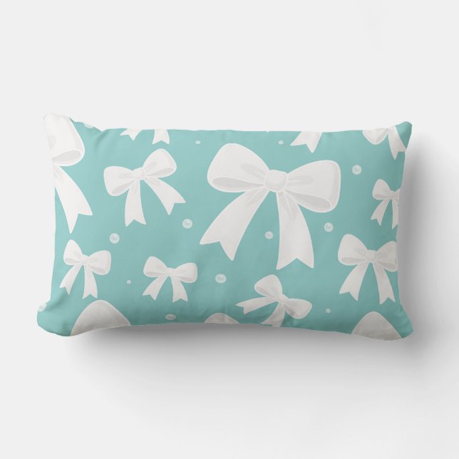Coussin Rectangle Coquette Bleue Avec Perles Et Rubans Blancs  (Recto)