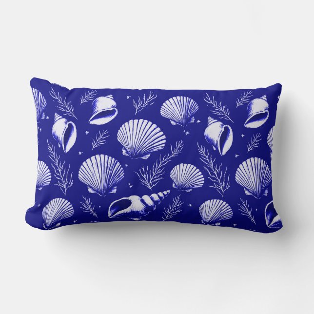 Coussin Rectangle Coquillages et Algues en Bleu Nuit et Blanc  (Recto)